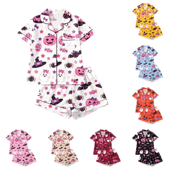 JAJAHO Girls Halloween Pajamas Cute Kids Pumpkin Ghost Pajama Set 2 Piece Pjs Button Down Sleepwear 3-14Y