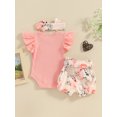 thumbnail image 4 of Suealasg Newborn Girls Outfit 3M 6M Fly Sleeve Letter Print Romper Dress Elastic Waist Floral Print Shorts Headband Set 3Pcs Baby Girl Summer Clothes Set, 4 of 9