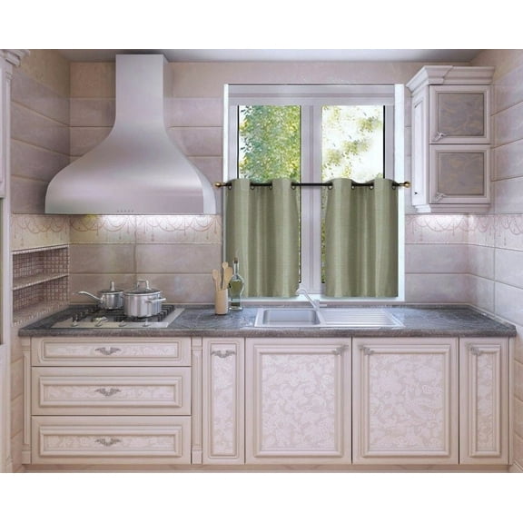 N25 Sage 1-Set Light Filtering Kitchen Window Curtain, 2 Faux Silk Tier Panels With Bronze Grommets on Top