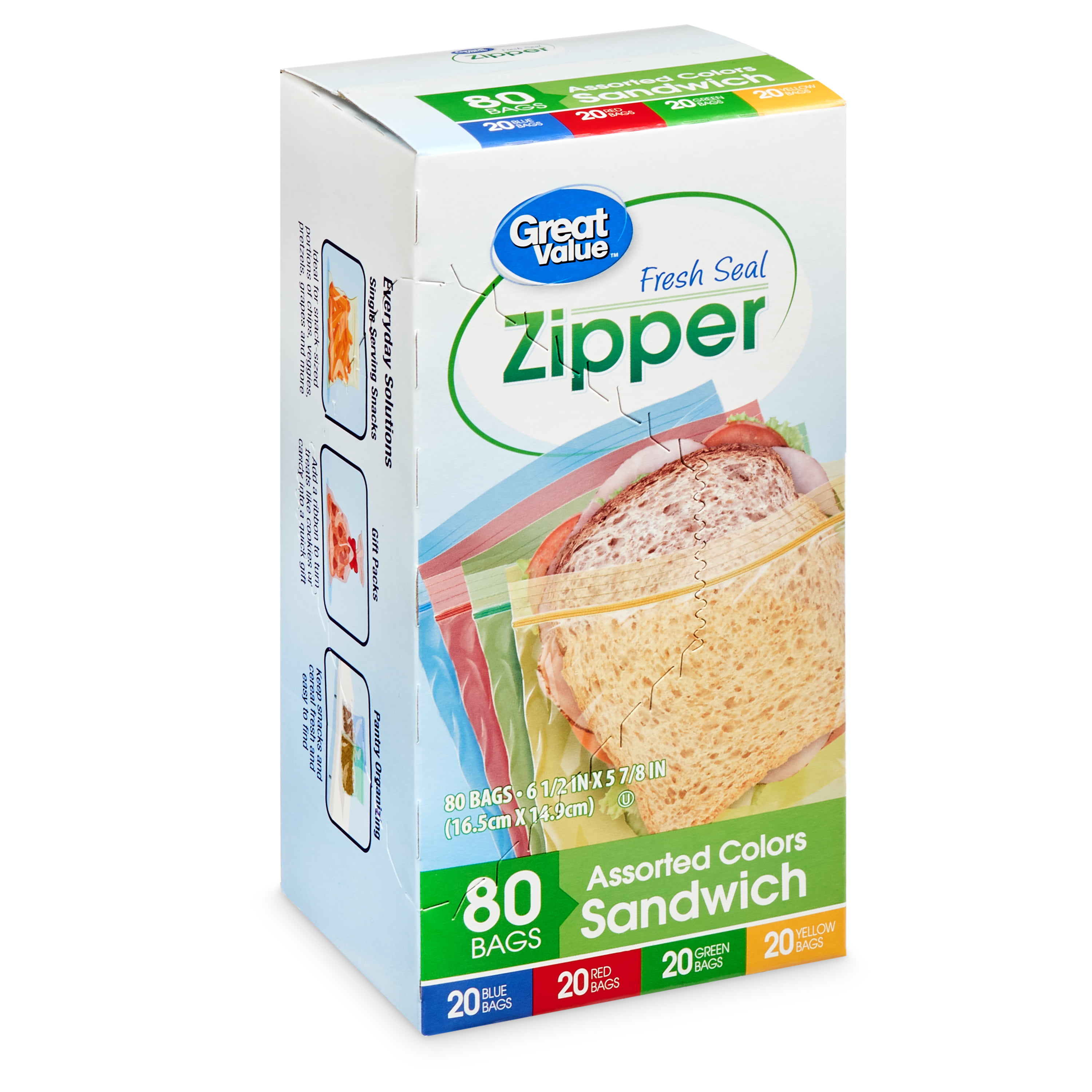 Great Value Fresh Seal Zipper Sandwich Bags, 80 Count, Assorted Colors ...