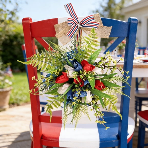 Ouuluon wall decor 4th of july decorations Flower Hanging Sign for Front Door, Independence Day Decoration Floral Wall Hanger for Party Home Decor