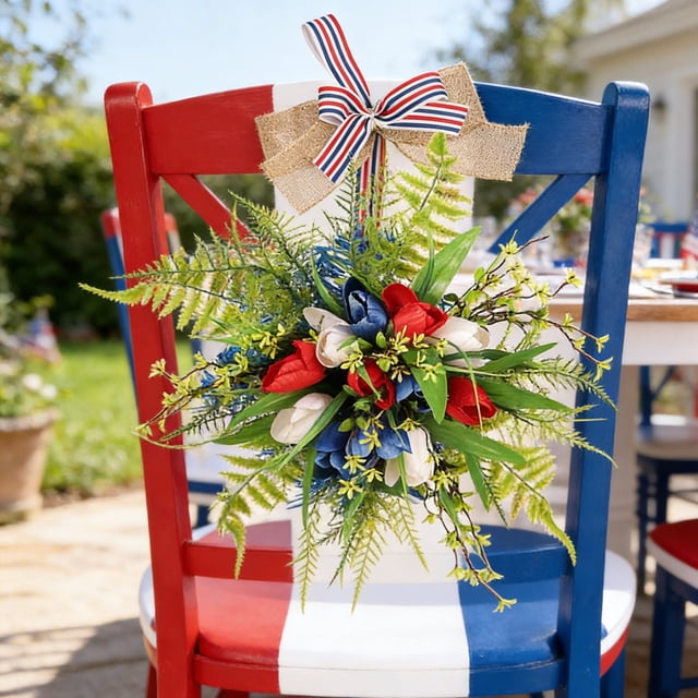 Corona de Tulipanes Artificiales para La Decoración Del Día de La Independencia – Lazo con Bandera Roja, Blanca y Azul para Colgar En La Pared, En La Puerta o El Patio – Corona de Flores Artificiales