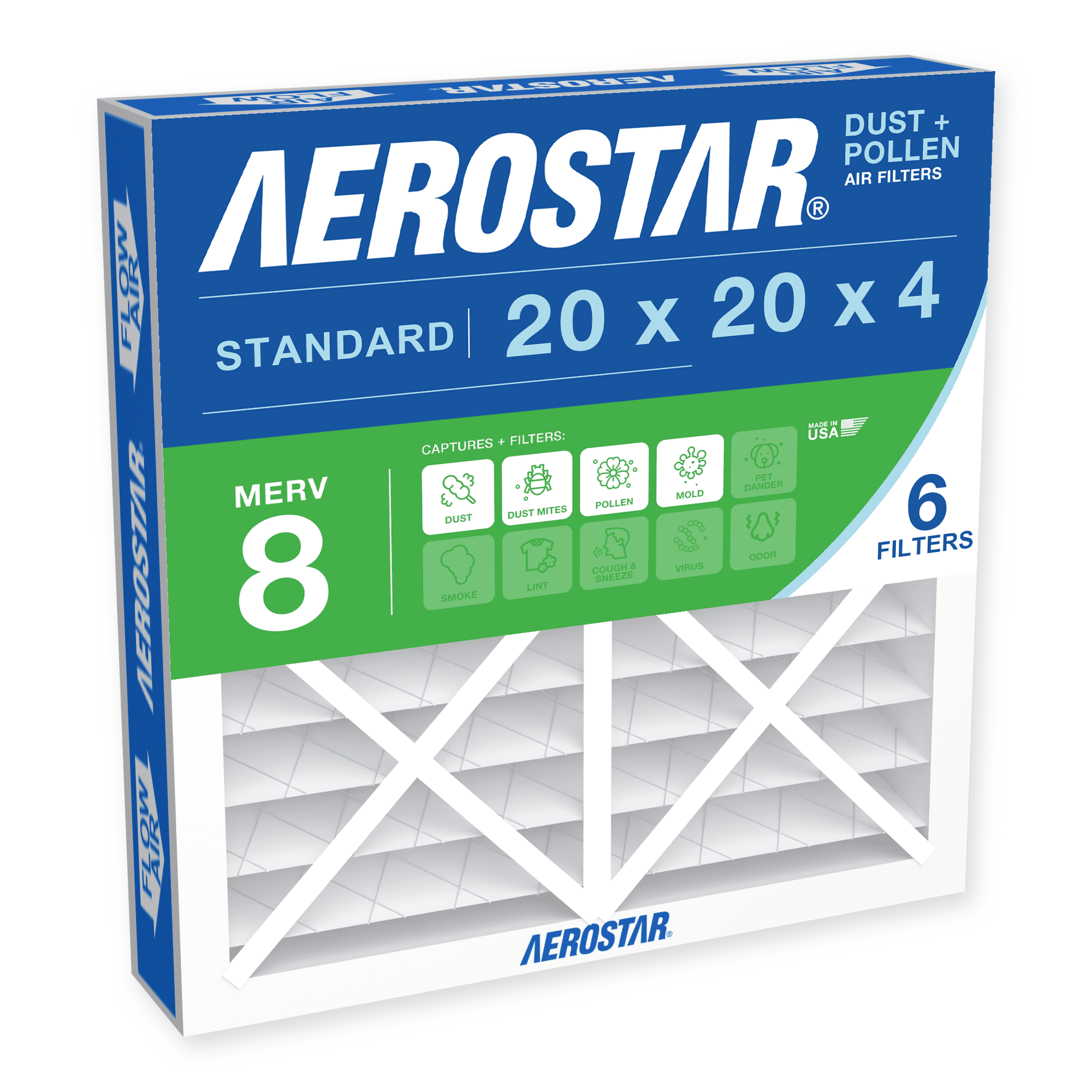 Aerostar 20x20x4 MERV 8 Air Filter, Pleated AC Furnace HVAC, Dust Pollen Pet Dander, 6 Pack
