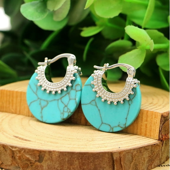 Turquoise Circle Cutout Huggie Earrings, 14K White Gold Plated