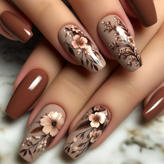 24pcs Medium - ballet Autumn and Winter Best - selling Brown - colored Wearable Nail Art - High - end Flower Nail Art Stickers