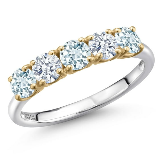 Gem Stone King 925 Silver and 10K Yellow Gold Sky Blue Aquamarine and White Zirconia Wedding-Bands Ring for Women | 1.25 Cttw | Round 4MM | Gemstone March Birthstone | Size 5