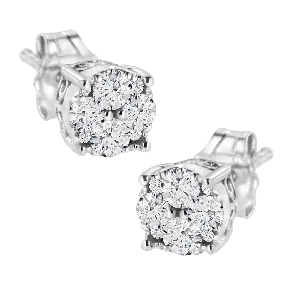 Fancy Party Wear .925 Sterling Silver 7MM Round D/VVS1 Diamond Halo Stud Earrings For Womens