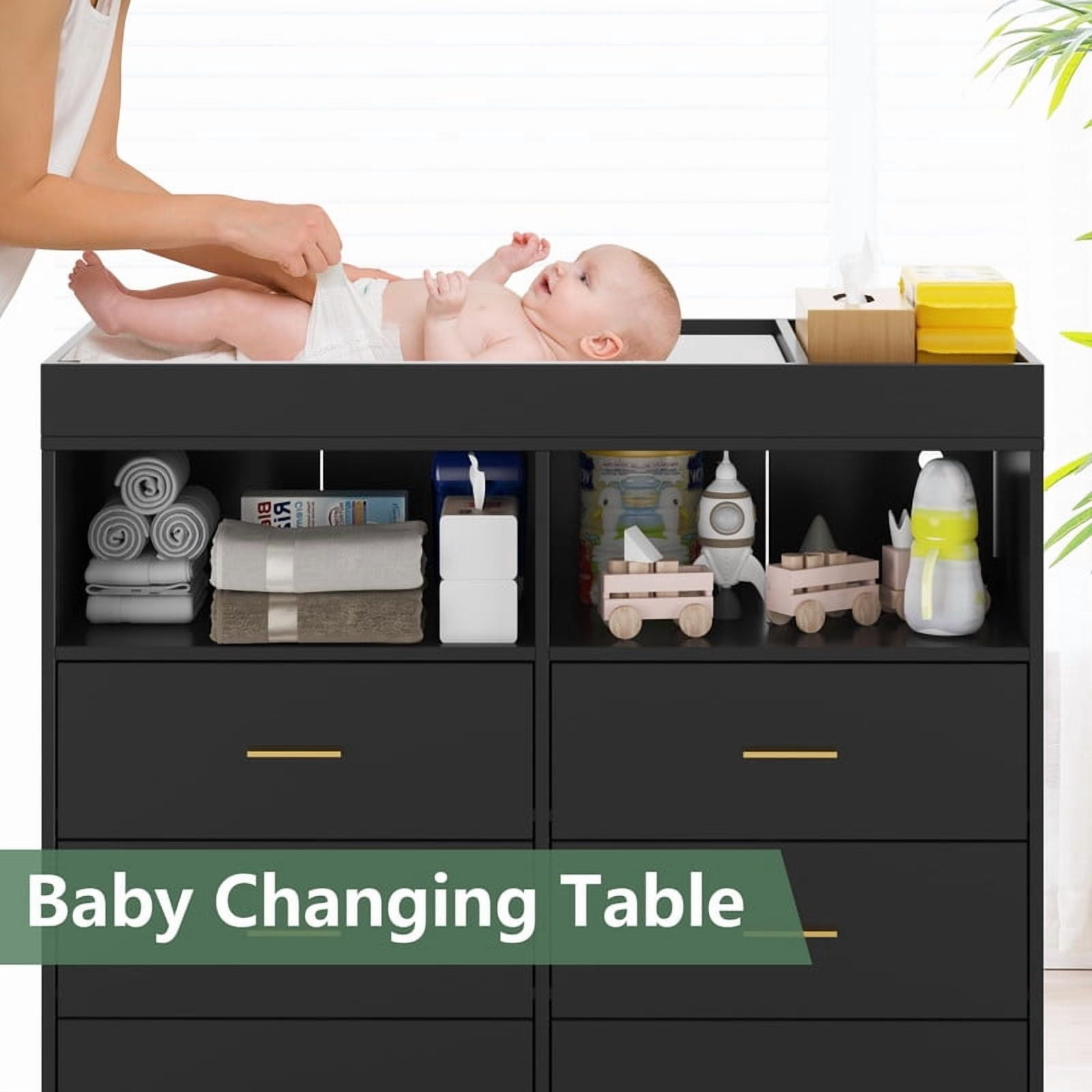 TROPOW Baby Changing Table with LED Lights & Power Outlet, 6-Drawer Nursery Dresser with 2 Open Shelves, Multi-Functional Diaper Changing Station & Storage Organizer for Baby Nursery