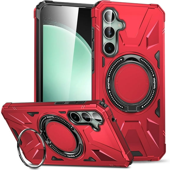 Military Grade TUFF Case with MagSafe Magnetic Rotating Ring Stand for Samsung Galaxy S25 - Red
