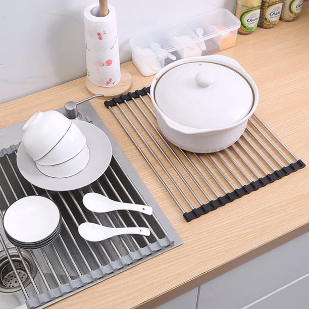 Rejilla de secado para fregadero enrollable | Alfombrilla escurridor de cocina plegable de acero inoxidable | Colador rodante de 15 tubos | antideslizante, resistente al calor, que ahorra espacio