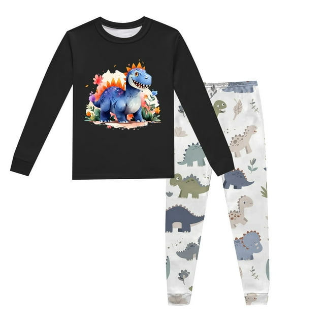 Ensembles de Pyjama Garçon Enfants Imprimé Dinosaure Col Rond Manches Longues Haut Pantalon Ensemble de Pyjama 2 Pcs Printemps Automne Pyjama Bébé Noir 4 Ans-5 Ans