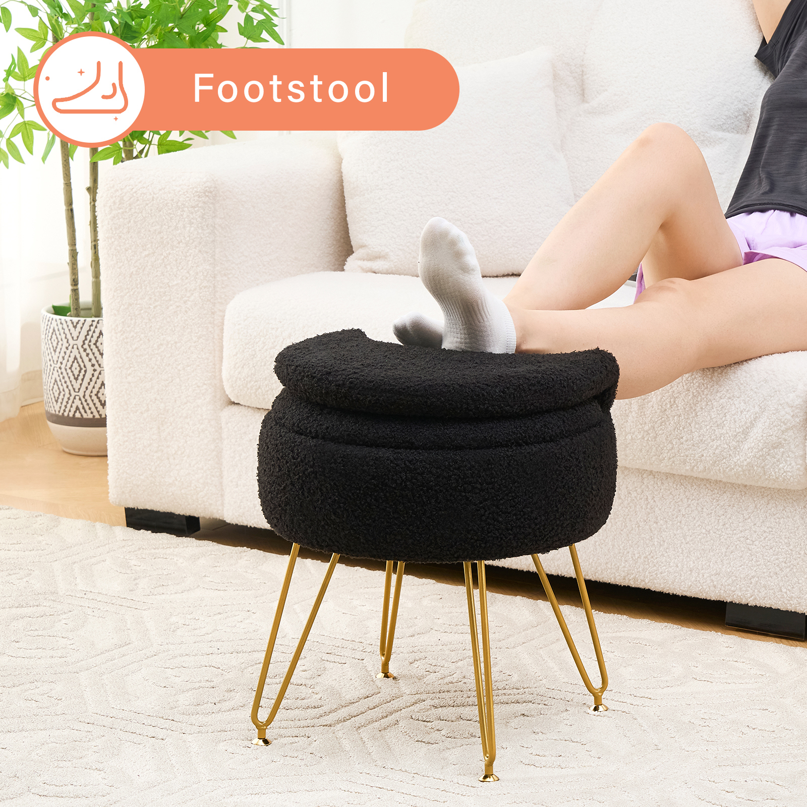 Casa Pura Furniture Modern Teddy Velvet Storage Ottoman Folding Back Vanity Stool Round Black
