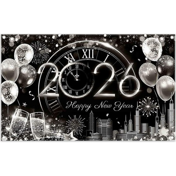 5.9x3.6FT 2026 Happy New Year Backdrop Black Silver Glitter Fireworks Champagne Balloons Photography Background Celebration Party Decorations Banner Supplies Photo Booth Props