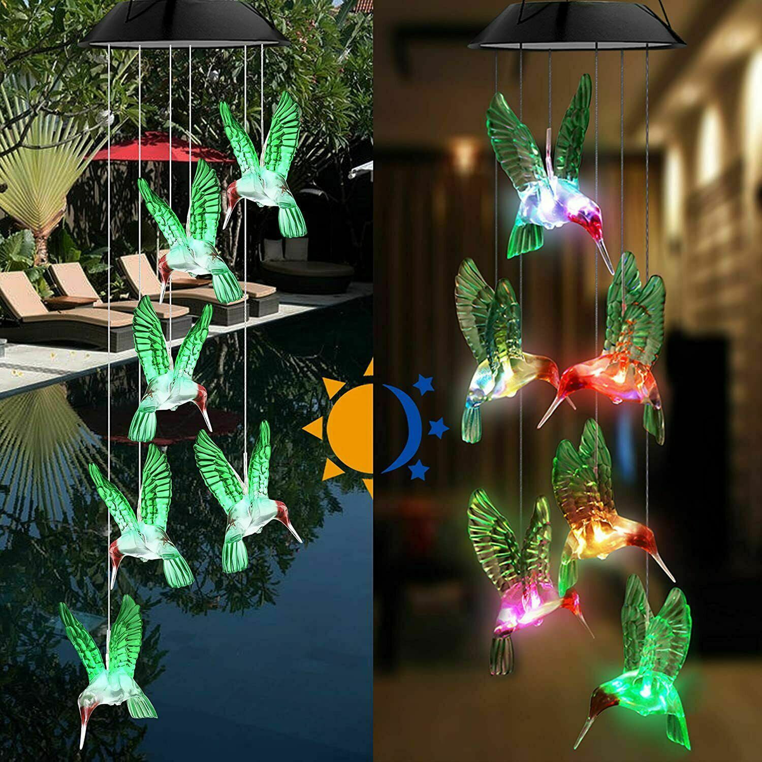 Color Changing Solar Powered LED Hummingbird Wind Chimes Light Garden Decor Lamp