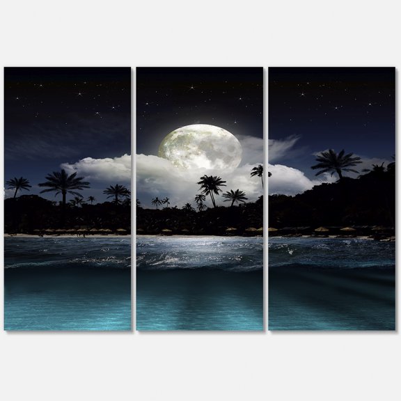 Designart ' Green Beach Under Tropical Full Moon ' Modern Canvas Wall Art Print