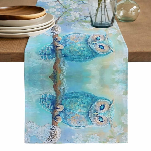 Teal Blue Owl Table Runner, Modern Flowers Birds on Branch Washable Cotton Linen Table Runners 90 Inches Long, Dresser Scarf Runner for Dining/Coffee/Kitchen/Hallway Tables 13''x90''
