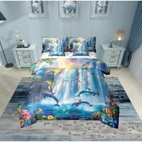 Erosebridal Dreamy Waterfall Bed in a Bag Twin size, 3D Dolphin Bed Set, Rustic Flower Reversible Bedding Twin Size, Super Cozy Bedroom Decoration, 7pcs