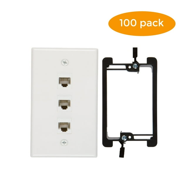 Buyer's Point 3 Port Cat6 Wall Plate, Female-Female With Single Gang Low Voltage Mounting Bracket Device Pack of 100 White 3 Port