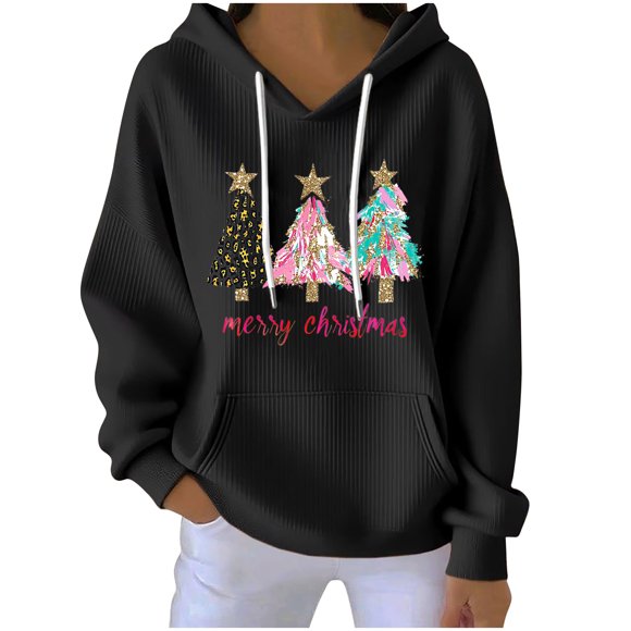 LckLvx Merry Christmas Sweatshirt for Women Long Sleeve Drop Shoulder Hoodies Comfy Festival Printed Knitted Pullover Tops