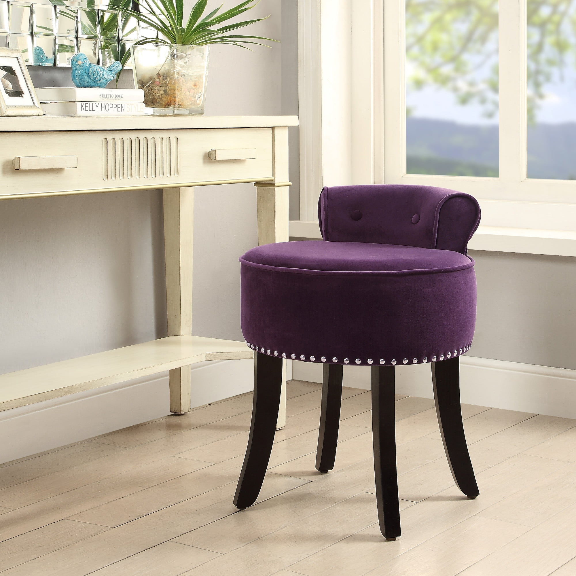 Inspired Home Jasper Velvet Vanity Stool Nailhead Trim Roll Back Bedroom Purple