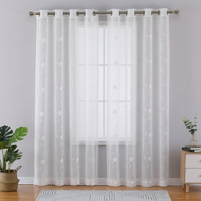 CAROMIO 52" W x 95" L White Semi Sheer Curtains Floral Embroidered Voile Grommet Window Curtain Set for Bedroom, 2 Panels