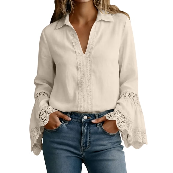 Fewfanhot Womens Clothing Long Sleeve V Neck Lace Casual Button Down Fall Trendy Shirts