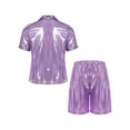 thumbnail image 4 of TiaoBug Men's 2 Piece Summer Outfits Shiny Glossy Semi-Sheer Button Down Shirts and Casual Shorts Set Purple L, 4 of 7