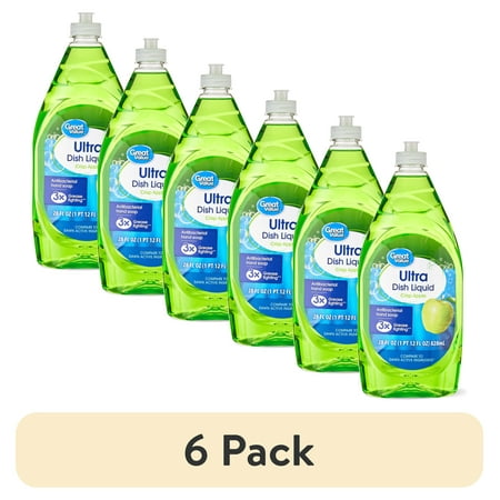 (6 pack) Great Value Ultra Antibacterial Dish Liquid, Crisp Apple, 28 fl oz