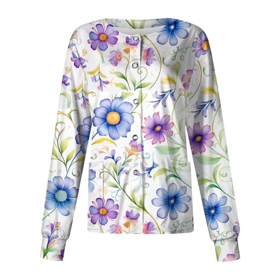 Scrubs For Women 2 Pockets Floral Print Long Sleeve Scrub Jacket Snap Button Soft Comfortable Nurse Work Outerwear Blue L