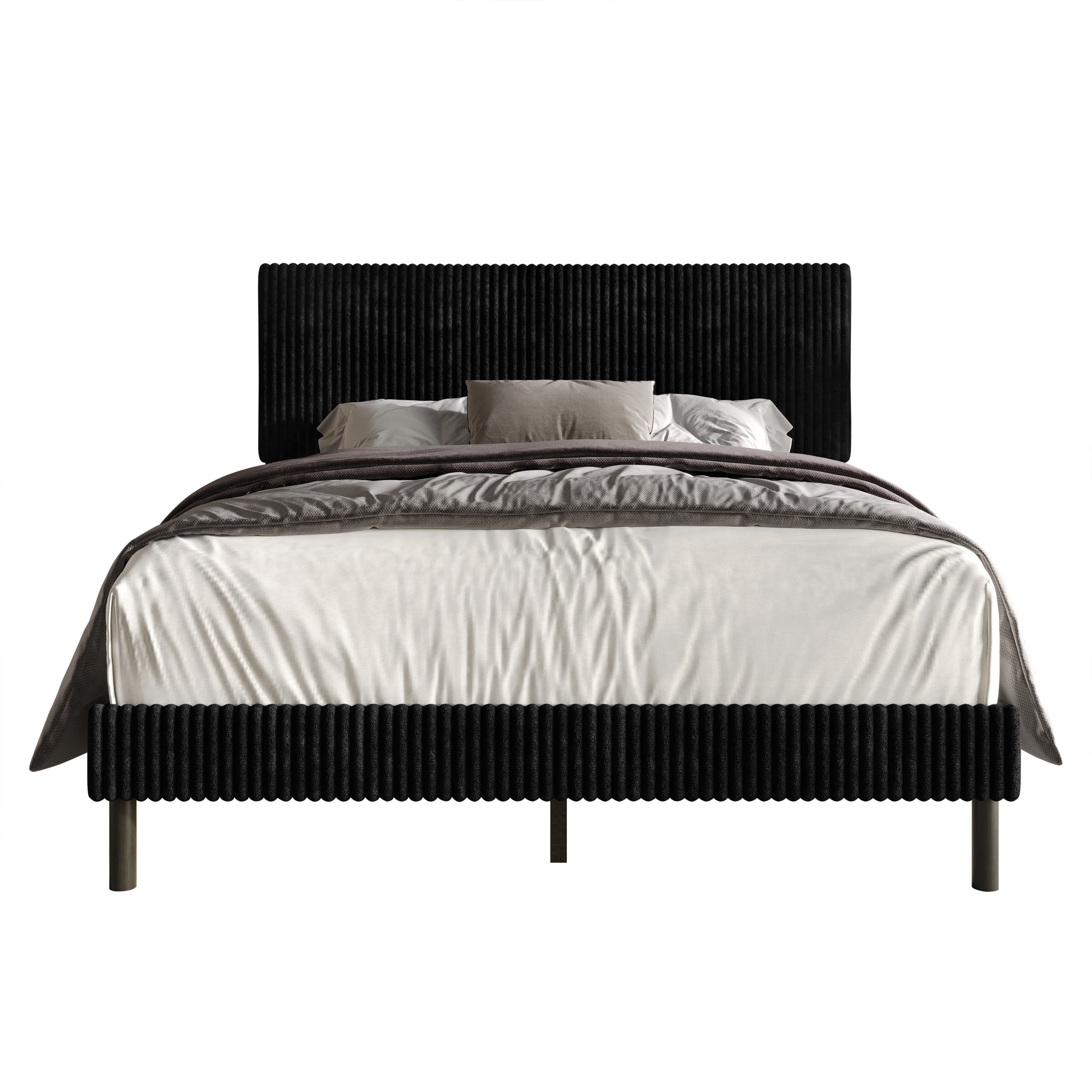 Home Design Osceola Full Luxurious Corduroy Upholstered Panel Bed Frame for Adult, Black, Easy Assembly, Box Spring Required (Sold Separately)
