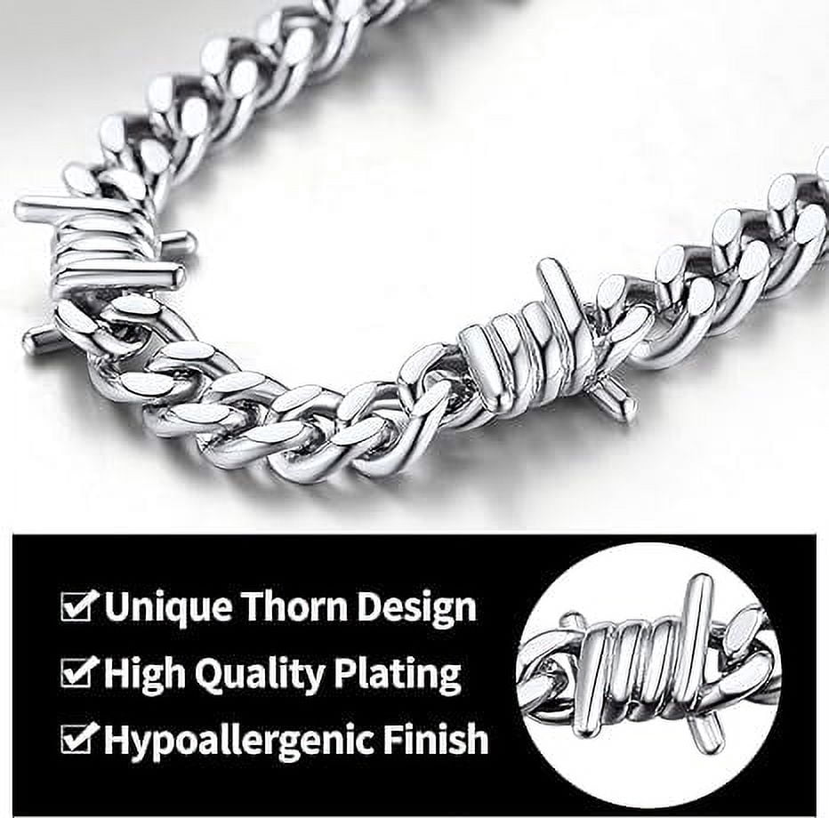 ChainsHouse Silver Barbed Wire Necklaces for Men Women Punk Thorns Chain Necklace 9mm Width Chunky Chains Jewelry Gift, 20 inch