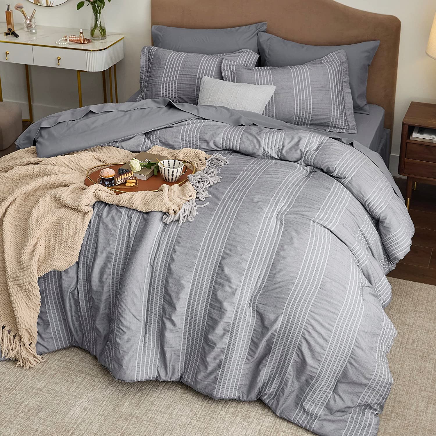 BEDSURE Full/Queen 8-Piece Comforter Set, Stripes Seersucker