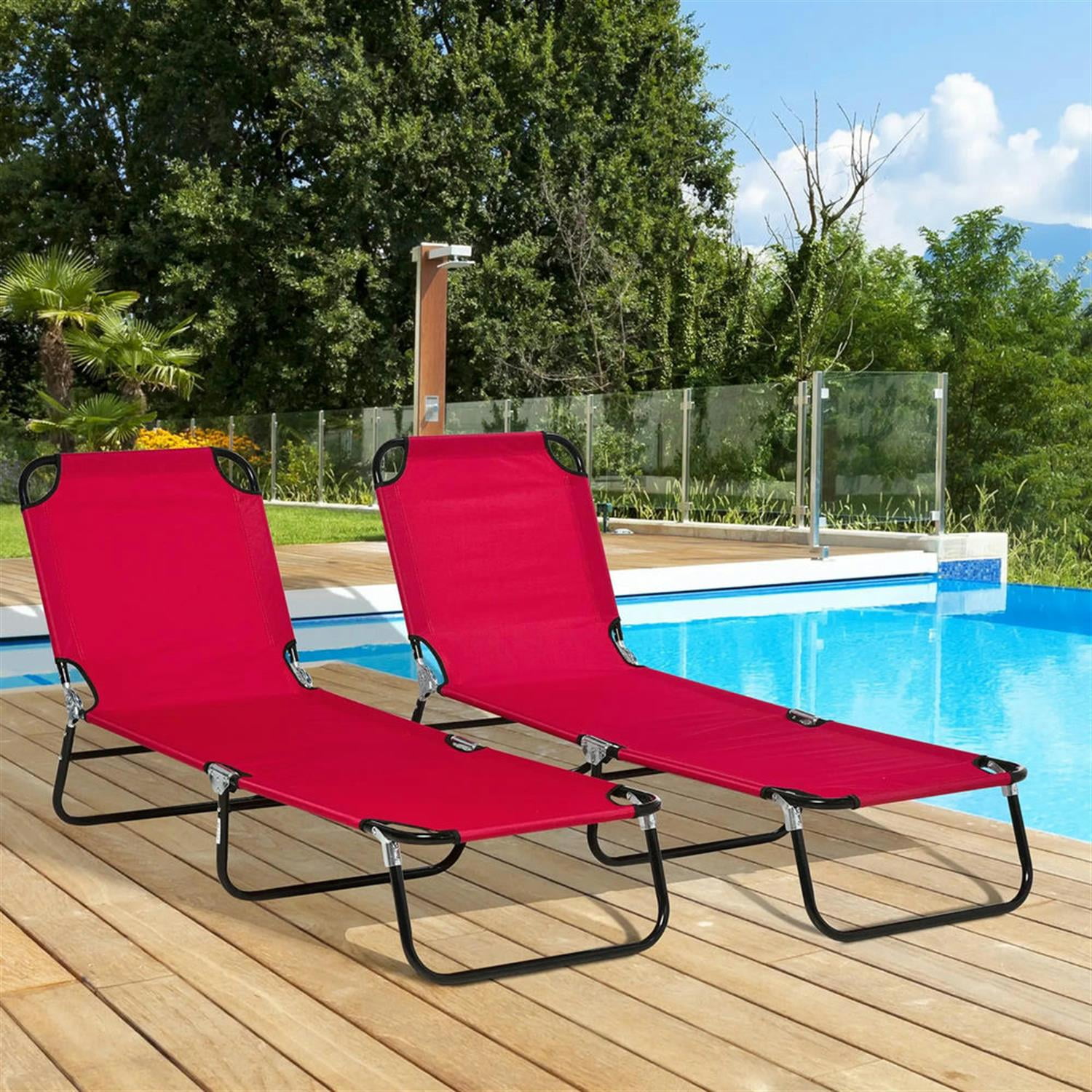 Demi Bonn 2-Piece Outdoor Collapsible Chaise Loungers with Steel Frame, 5-Position Reclining Folding Beach Chairs for Yard, Patio, Red