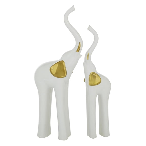 4"W, 14"H Gold Porcelain Ceramic Elephant Sculpture, by DecMode (2 Count)