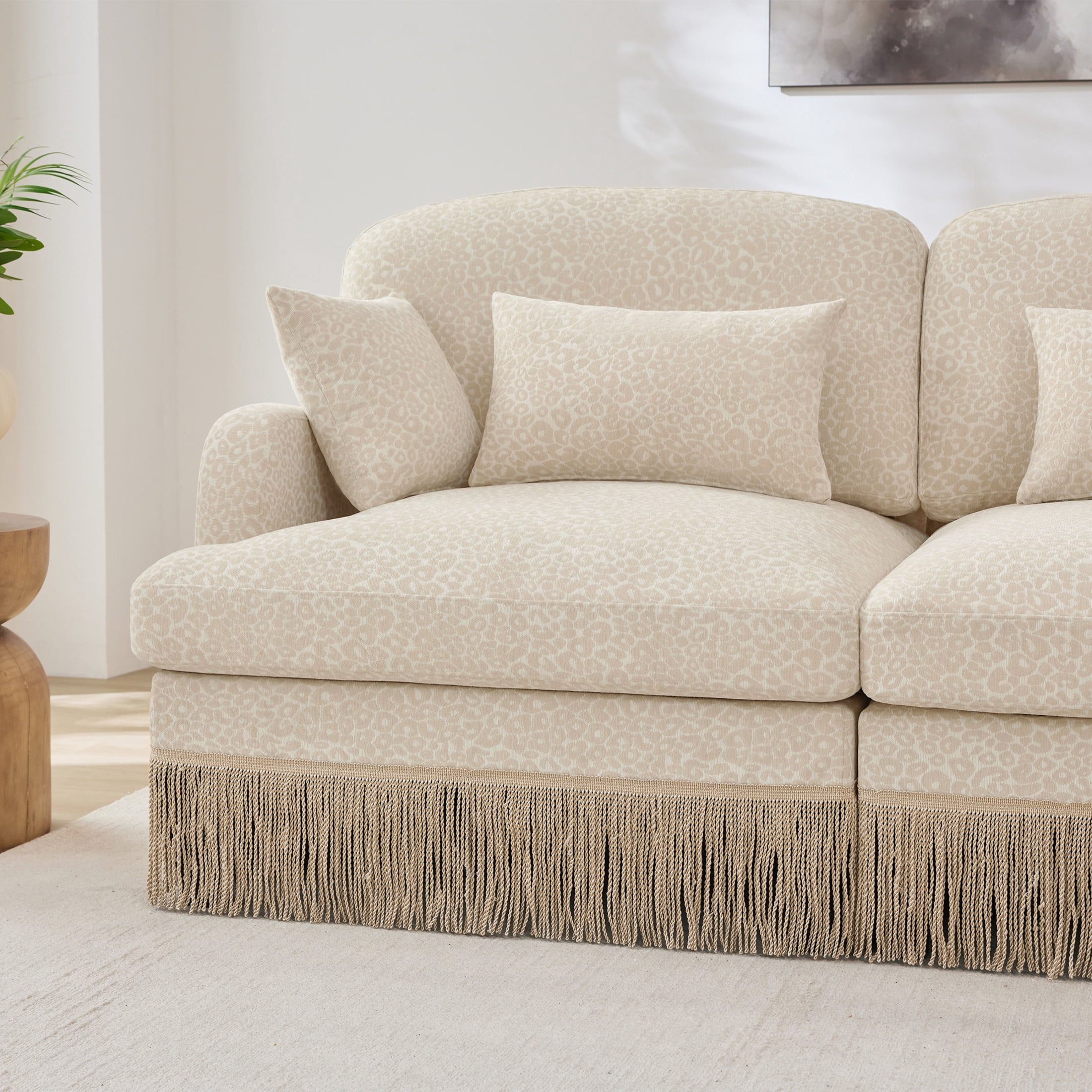 Noble House Carola Leopard Print Chenille 2-Seater Sofa, Modular Sectional Couch with Ottoman and Tassel Trim, Beige