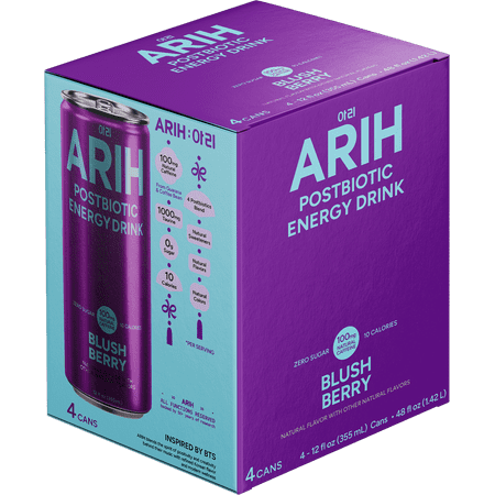 ARIH Postbiotic Energy Drink, Zero Sugar Clean Energy Drink with 100mg Natural Caffeine, Blush Berry, 12 fl oz, 4 Pack