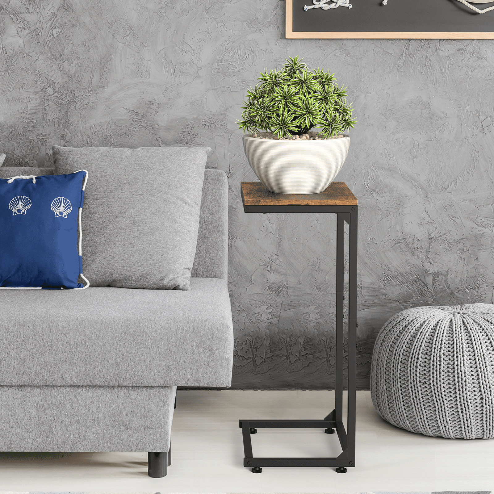 Set of 2 C Shaped Metal End Table with Adjustable Feet, Small Sofa Couch Side Table for Living Room Bedroom, Brown