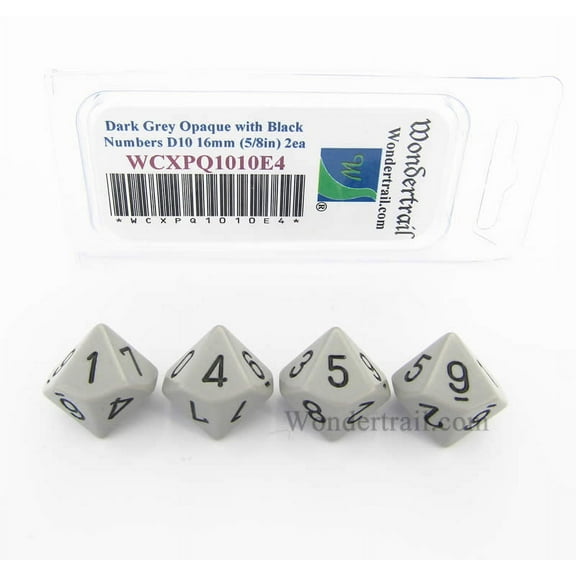 Dark Grey Opaque Dice with Black Numbers D10 Aprox 16mm (5/8in) Pack of 4 Wondertrail