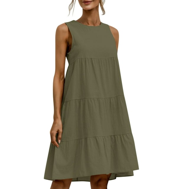 Vestido informal sin mangas para mujer - Vestido camiseta mini con cuello redondo, plisado y bolsillos