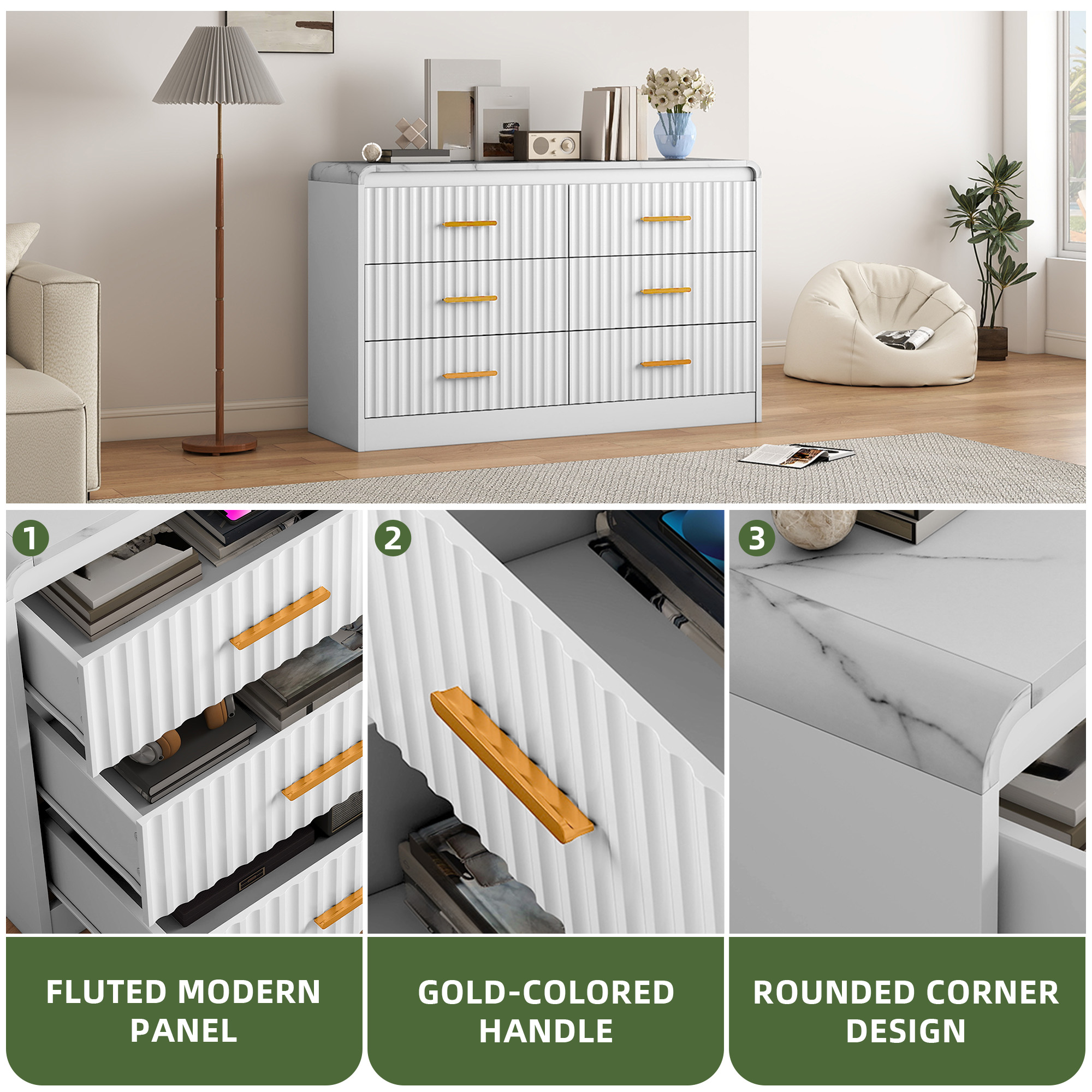 Uforic Chest of Drawers for Living Room, , or Entryway, Sturdy Fluted Dresser with 6 Drawers, White