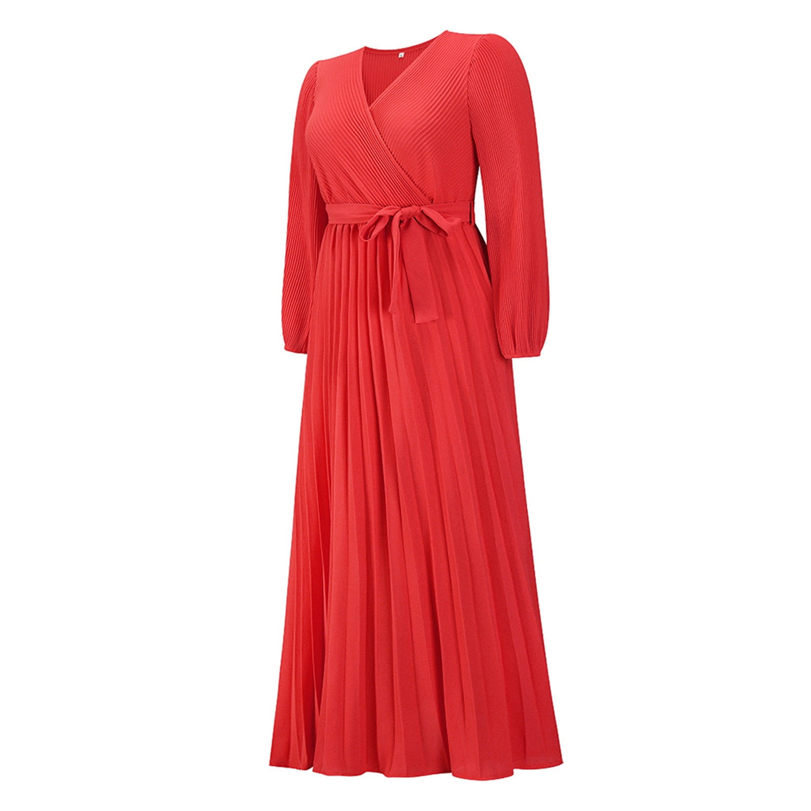 Women's V Neck Pleated A-line Dress 2024 Fall Long Sleeve Casual Swing Maxi Long Dresses for Party Wedding Guest
