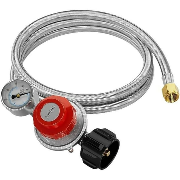 HmNPlay 5FT High Pressure Propane Regulator Hose with Gauge 0-30 PSI Adjustable, Stainless Steel Braided Hose with Brass Connector for Turkey Fryer Burner Fire Pit Forge