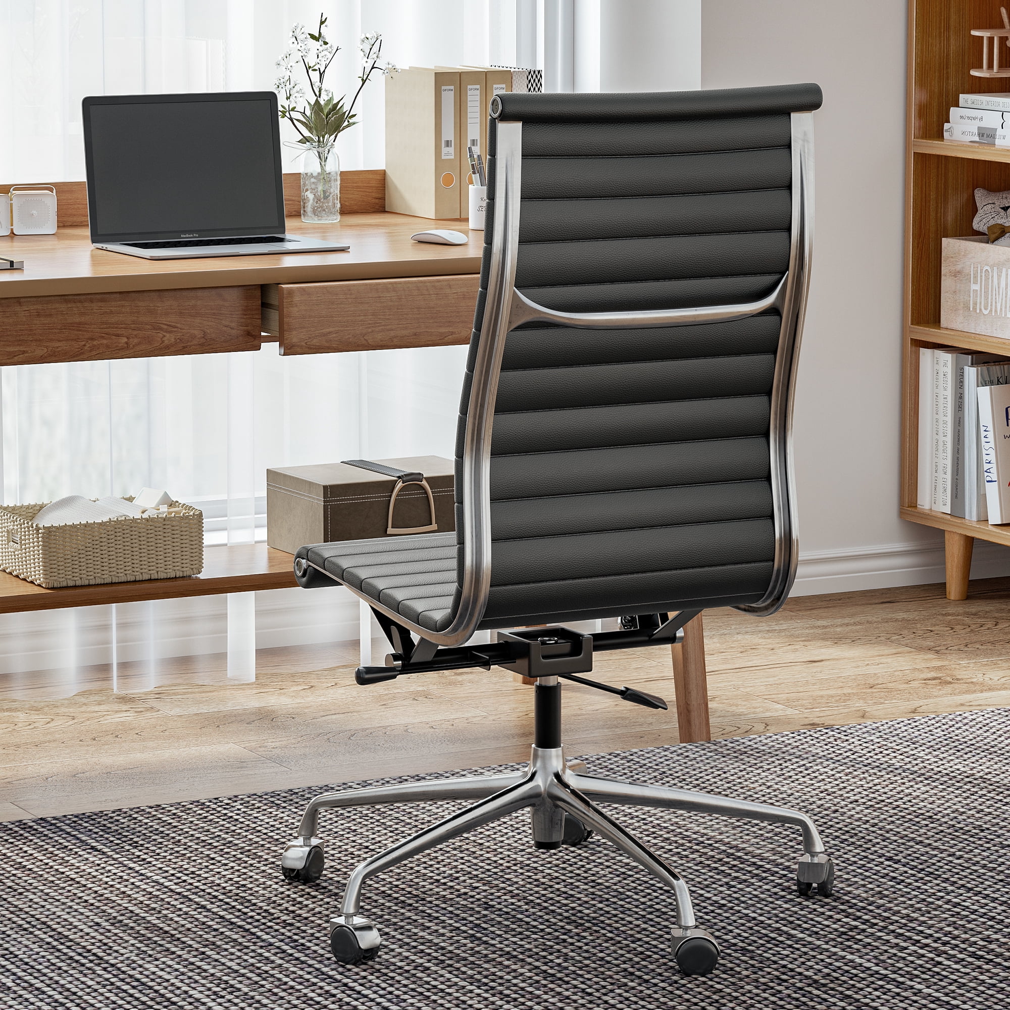 Cottinch Ribbed Office Chair High Back Armless Genuine Leather Ergonomic Desk Chair, Adjustable Height Executive Conference Task Chair Swivel Chair for Home Office, Black