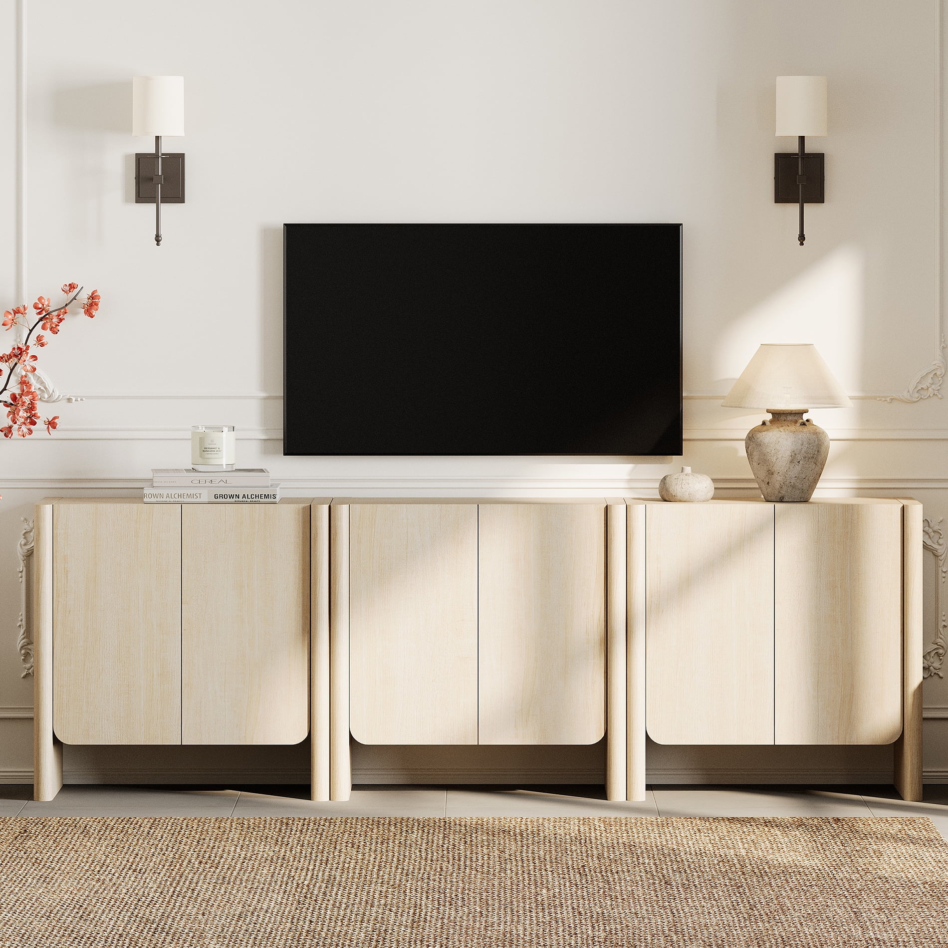 94.5-Inch 3-in-1 French Minimalist TV Stand for 105" TVs, 6-Door Media Console with Adjustable Shelves, Cable Management, Beige