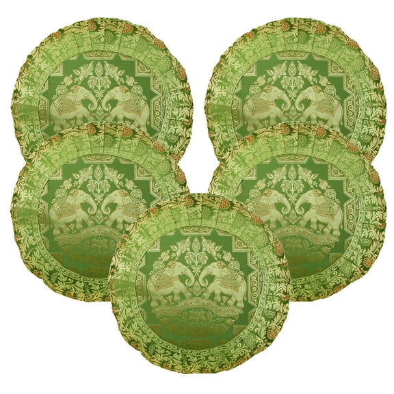 Stylo Culture Indian Brocade Decorative Throw Pillow Covers Olive Green 17 x 17 Traditional Jacquard Weave Pleated Border Couch Cushion Covers 43x43 cm Satin Elephant Round Pillowcases | Set Of 5