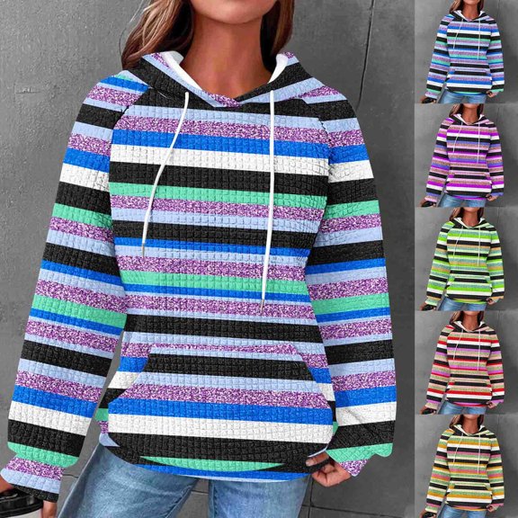 CFLVAEK Waffle Knit Hoodies for Women Fashion Striped Graphic Hoodie Loose Long Sleeve Hooded Pullovers Drawstring Fall Sweatshirts with Pockets Red S