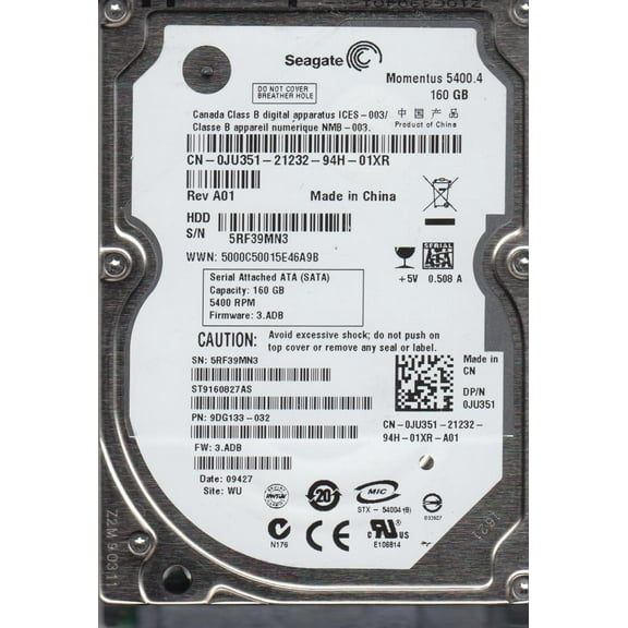 ST9160827AS, 5RF, WU, PN 9DG133-032, FW 3.ADB, Seagate 160GB SATA 2.5 Hard Drive