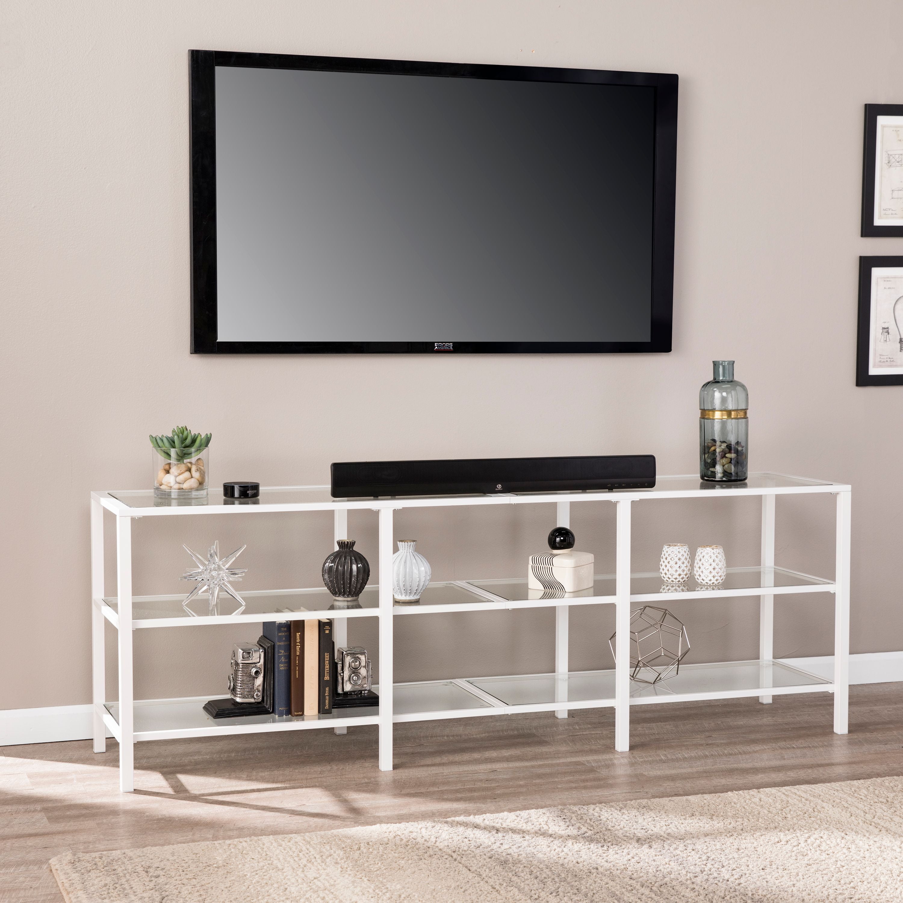 Tyler Metal/Glass TV Stand, Transitional Style, Matte White