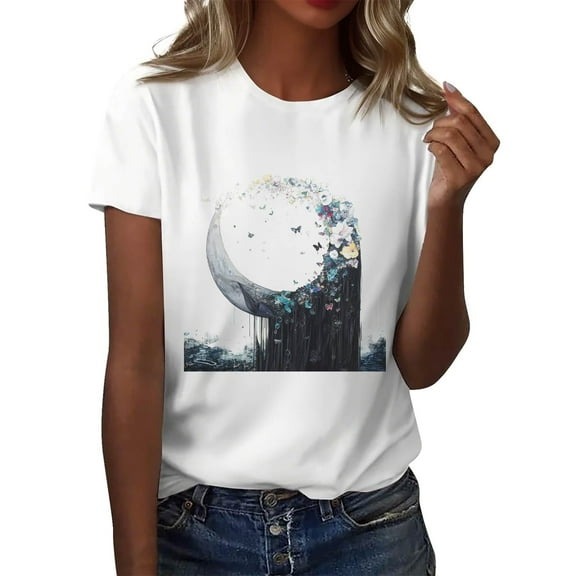 NAMTYQX Womens Summer Tops 2025 Cool Graphic Short Sleeve Plus Size Loose Fit Crewneck Mit Muster Trendy Lightweight Women's T-Shirts Black Size 2XL
