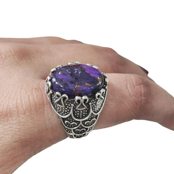 Purple Copper Turquoise Mans Ring, Natural Copper Turquoise, Silver Jewelry, 925 Silver Ring, Birthday Gift, Heavy Mens Ring, Arabic Design, Ottoman Style Ring, Christmas, Turkey Mens Signet Ring